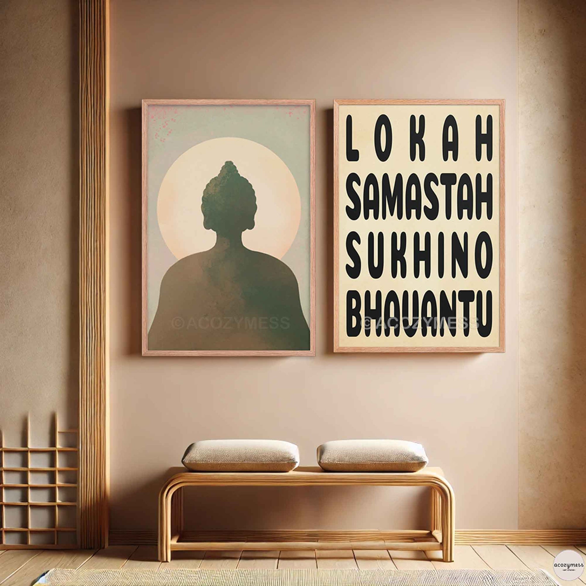 Peace mantra and buddha wall art Poster displayed in an oakwood frame, styled in a calm and zen interior setting.