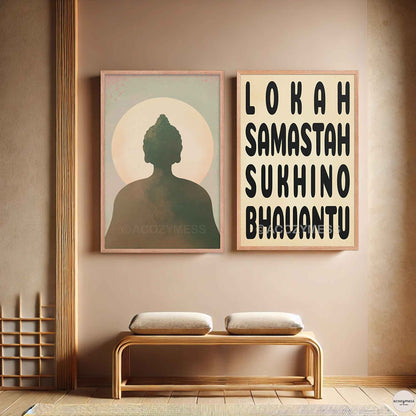 Peace mantra and buddha wall art Poster displayed in an oakwood frame, styled in a calm and zen interior setting.