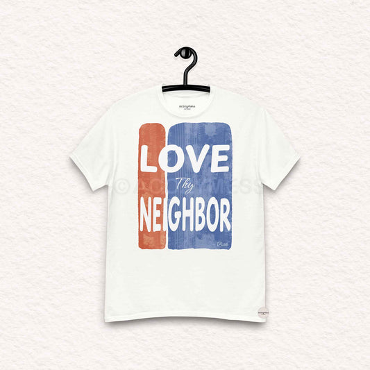 White t-shirt with 'Love Thy Neighbor' design on a hanger against a white background