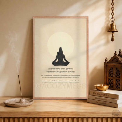 Framed minimalist Maha Mrityunjaya Mantra art print featuring a Lord Shiva meditation silhouette and English translation on a beige background for temple or puja room decor.