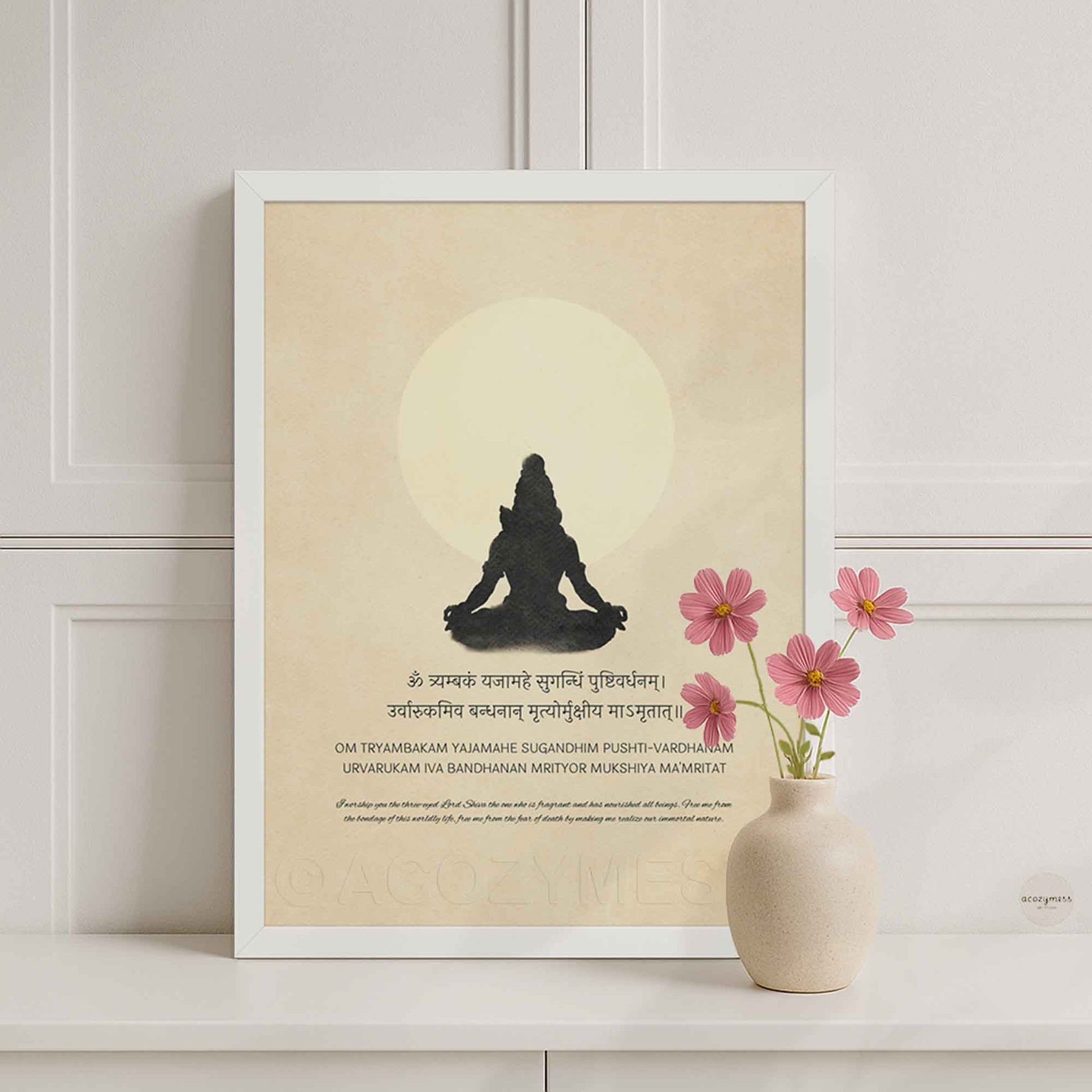 White Framed minimalist Maha Mrityunjaya Mantra art print featuring a Lord Shiva meditation silhouette and English translation on a beige background.