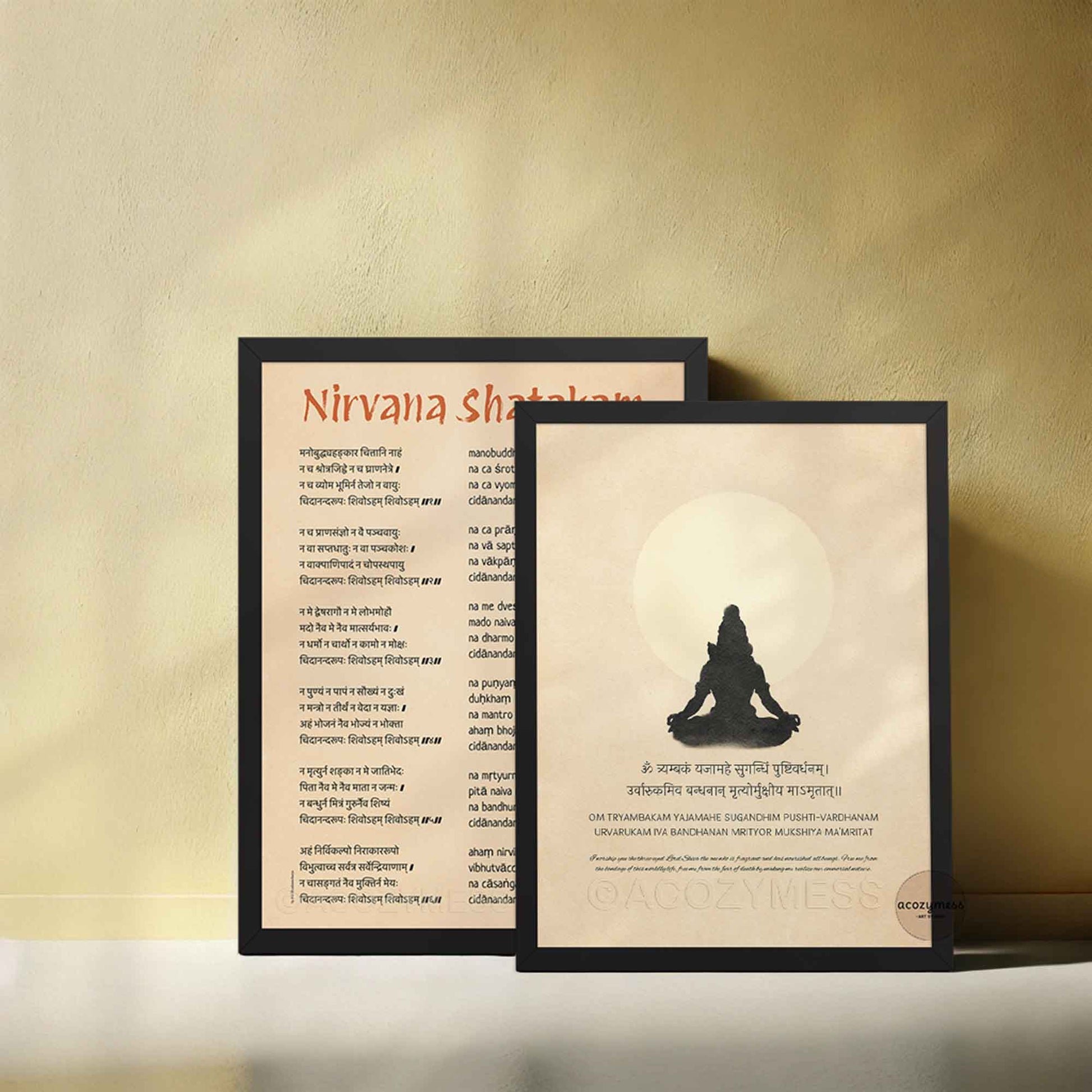 Black Framed minimalist Maha Mrityunjaya Mantra art print featuring a Lord Shiva meditation silhouette and English translation on a beige background.