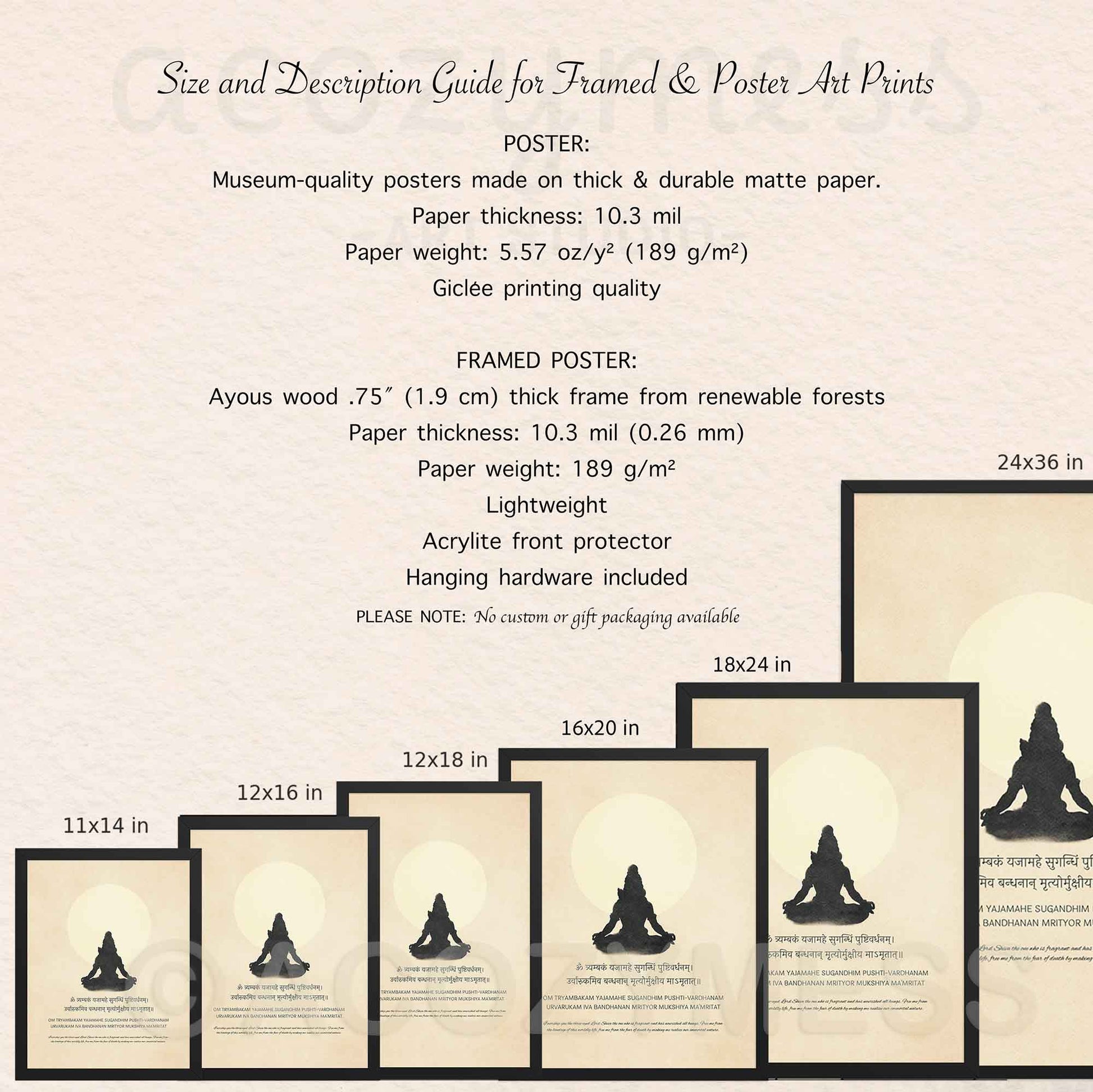 Size and description details for shiva mantra print.