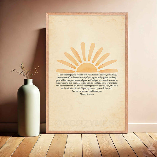 Poster framed in oakwood, showcasing the vintage Stoic quote design