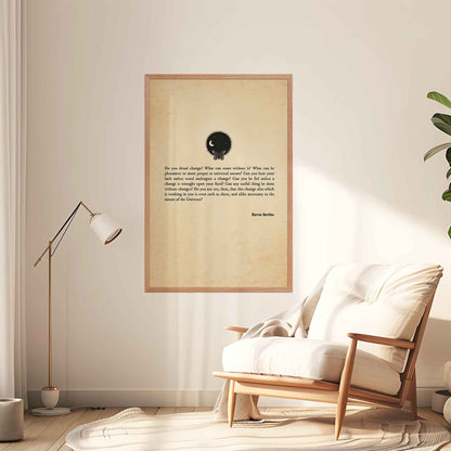 A vintage-style stoic poster featuring a Marcus Aurelius quote on the inevitability of change, displayed on an aged paper background. The design includes a small black illustration of a butterfly and the universe, in oakwood frame.