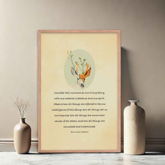 Marcus Aurelius Quote On Universe with an illustration of a deer, displayed in oakwood frame.