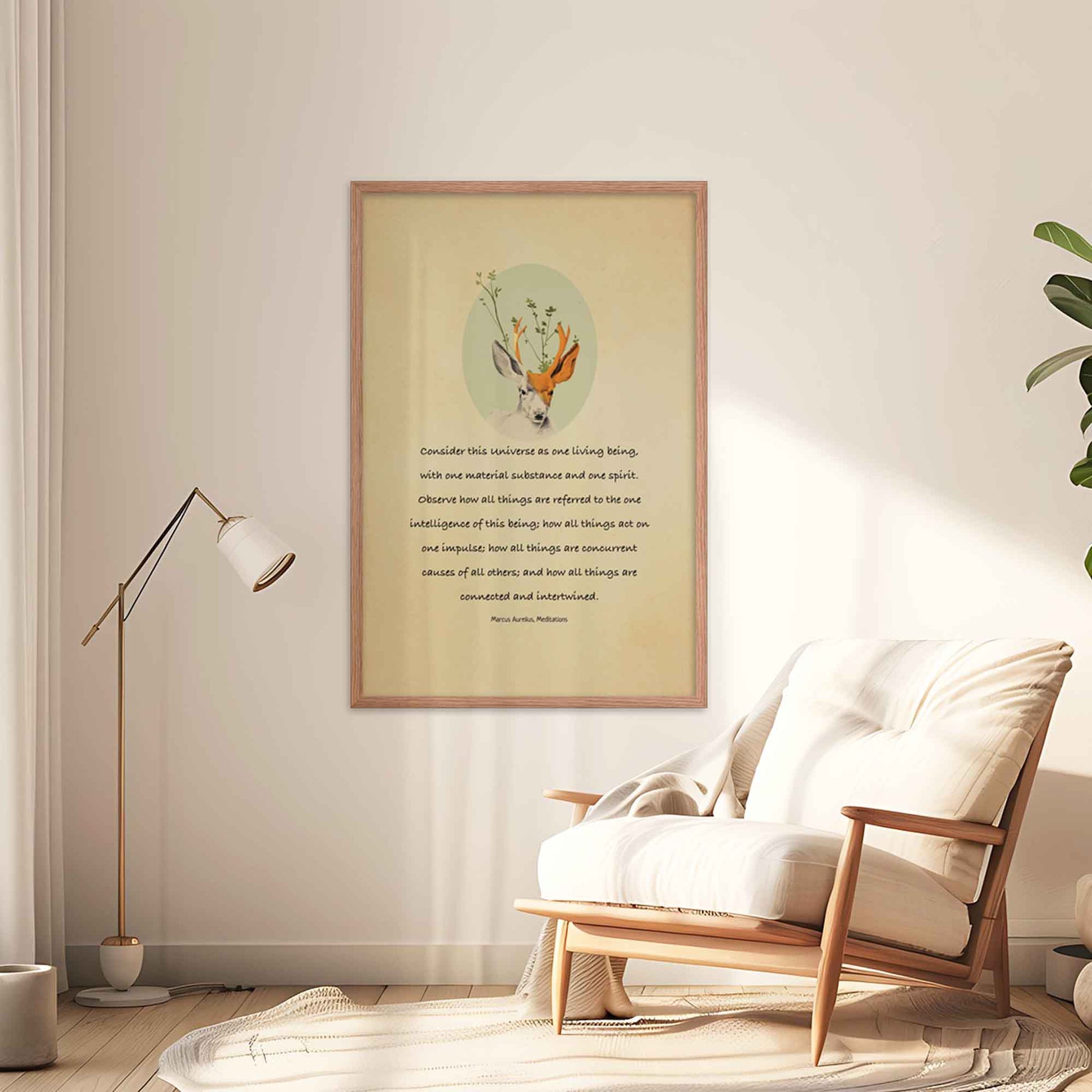 Marcus Aurelius Poster On Universe with an illustration of a deer, displayed in oakwood frame perfect for philosophy lovers.