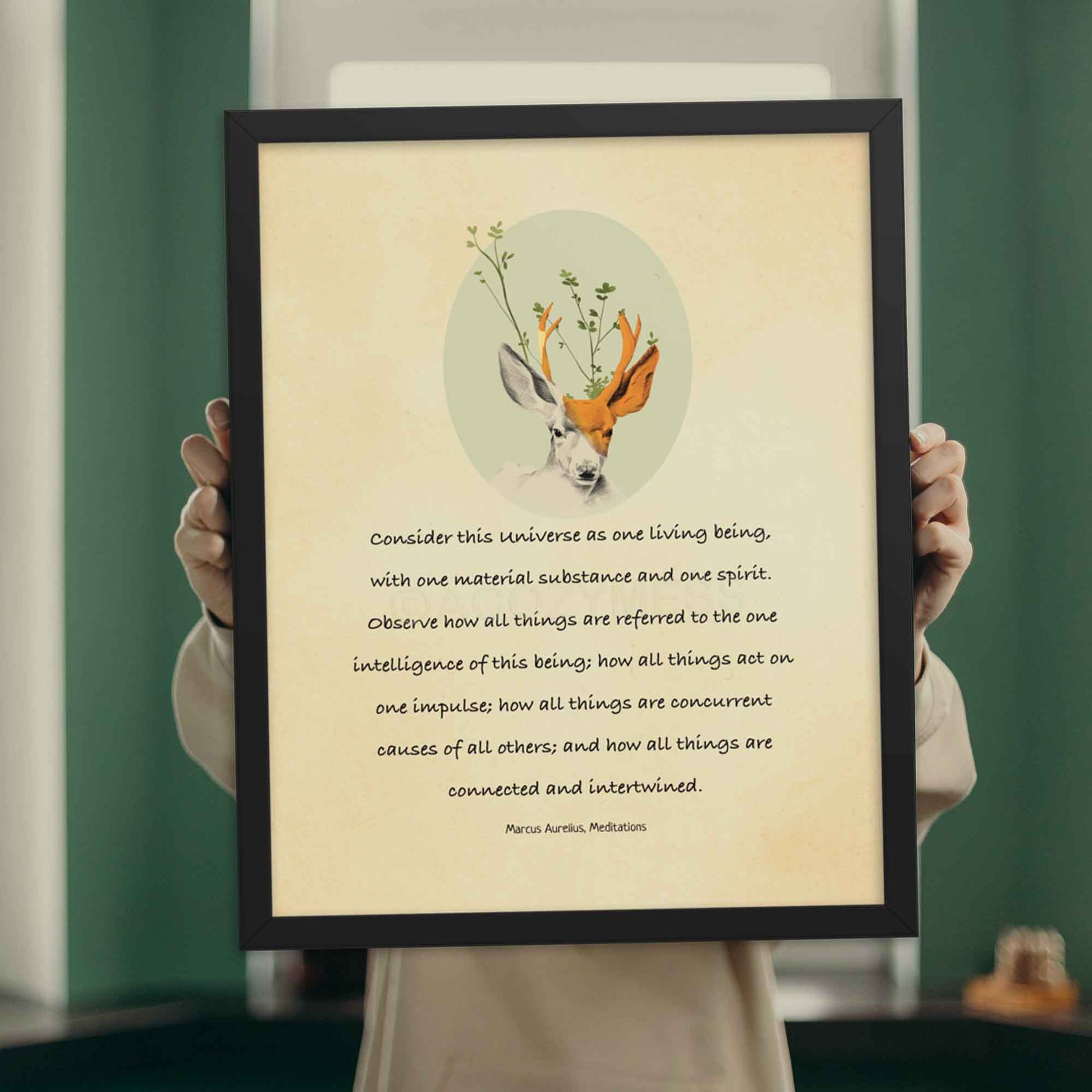 Marcus Aurelius Poster On Universe with an illustration of a deer, displayed in black frame perfect for philosophy lovers.