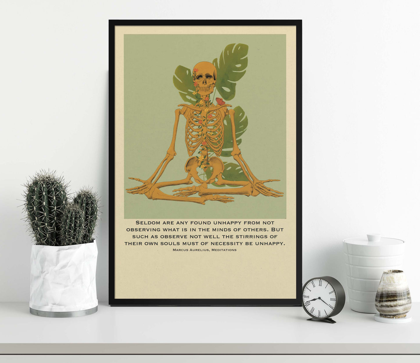 Marcus Aurelius quote meditating skeleton art poster in black frame