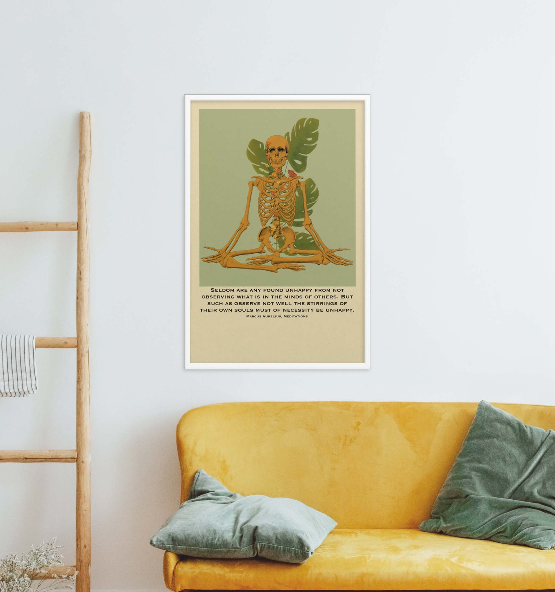 Marcus Aurelius quote meditating skeleton art poster in white frame