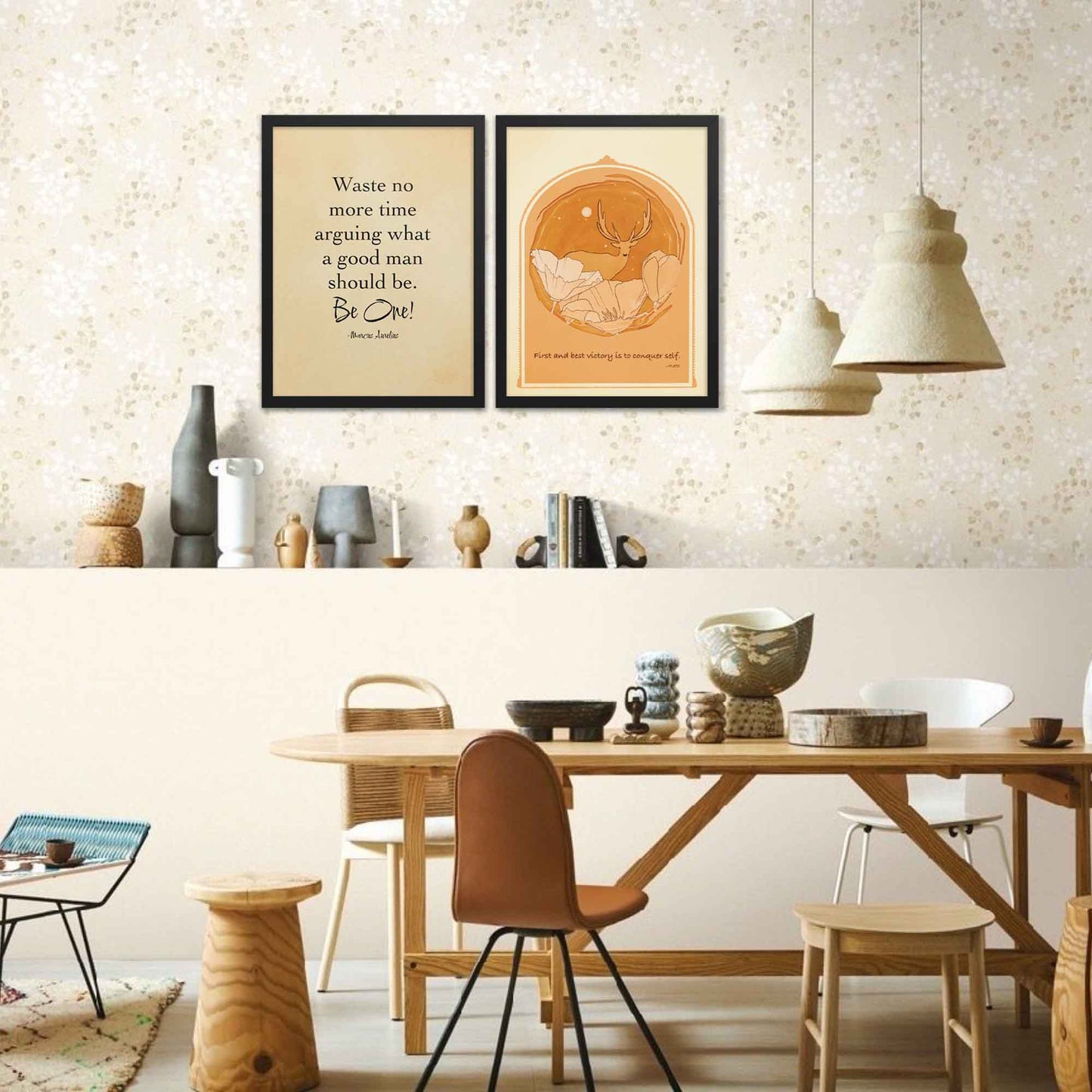     Black-on-beige literary print featuring the quote by Marcus Aurelius, styled with an old paper look and displayed in a black frame.