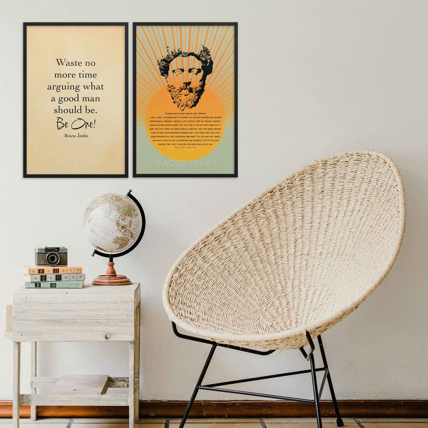 Black-on-beige literary print featuring the quote by Marcus Aurelius, styled with an old paper look and displayed in a black frame on a gallery wall, adding a timeless and philosophical touch to any space.