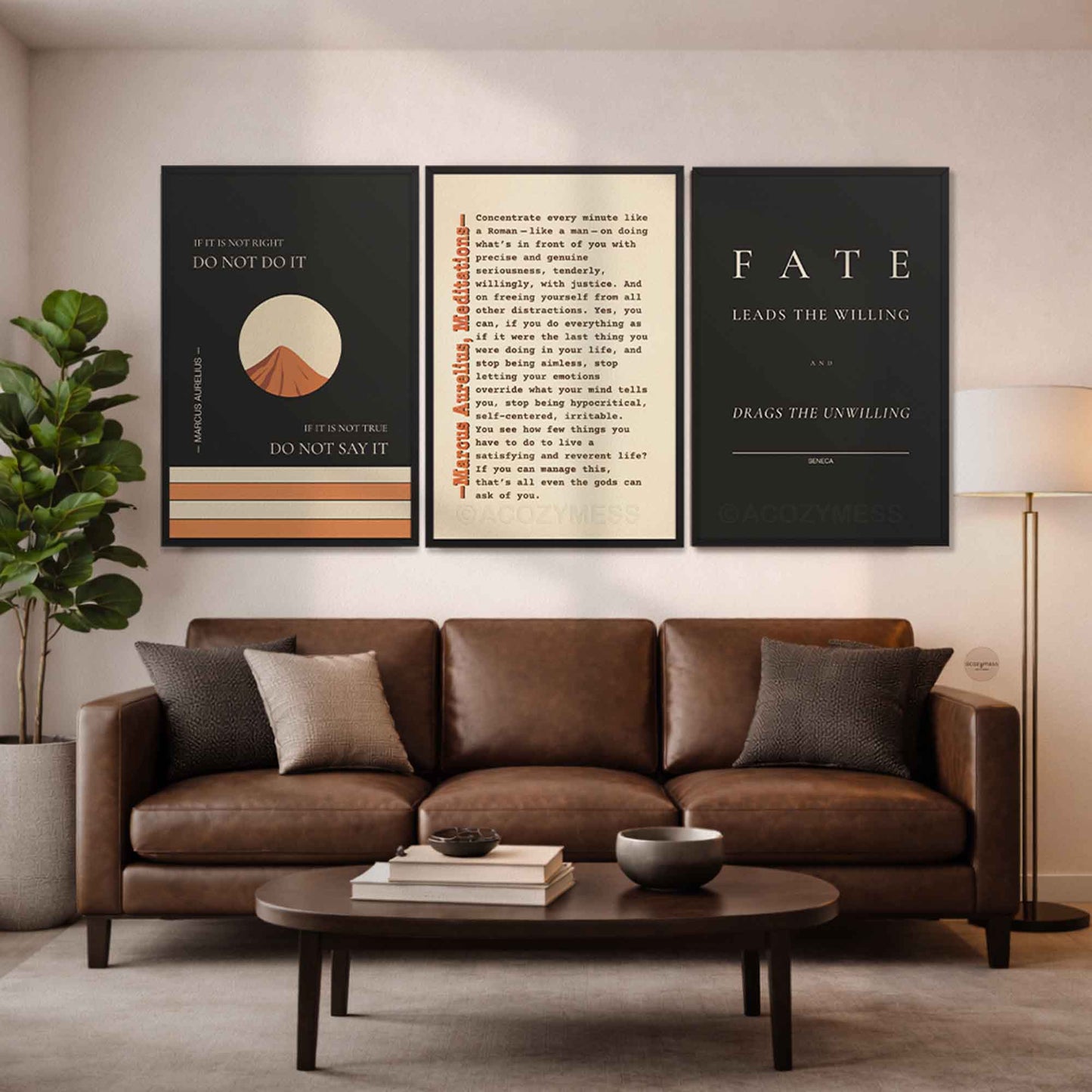 Living room with and wall art featuring stoic philosophy motivational quotes in black frame.