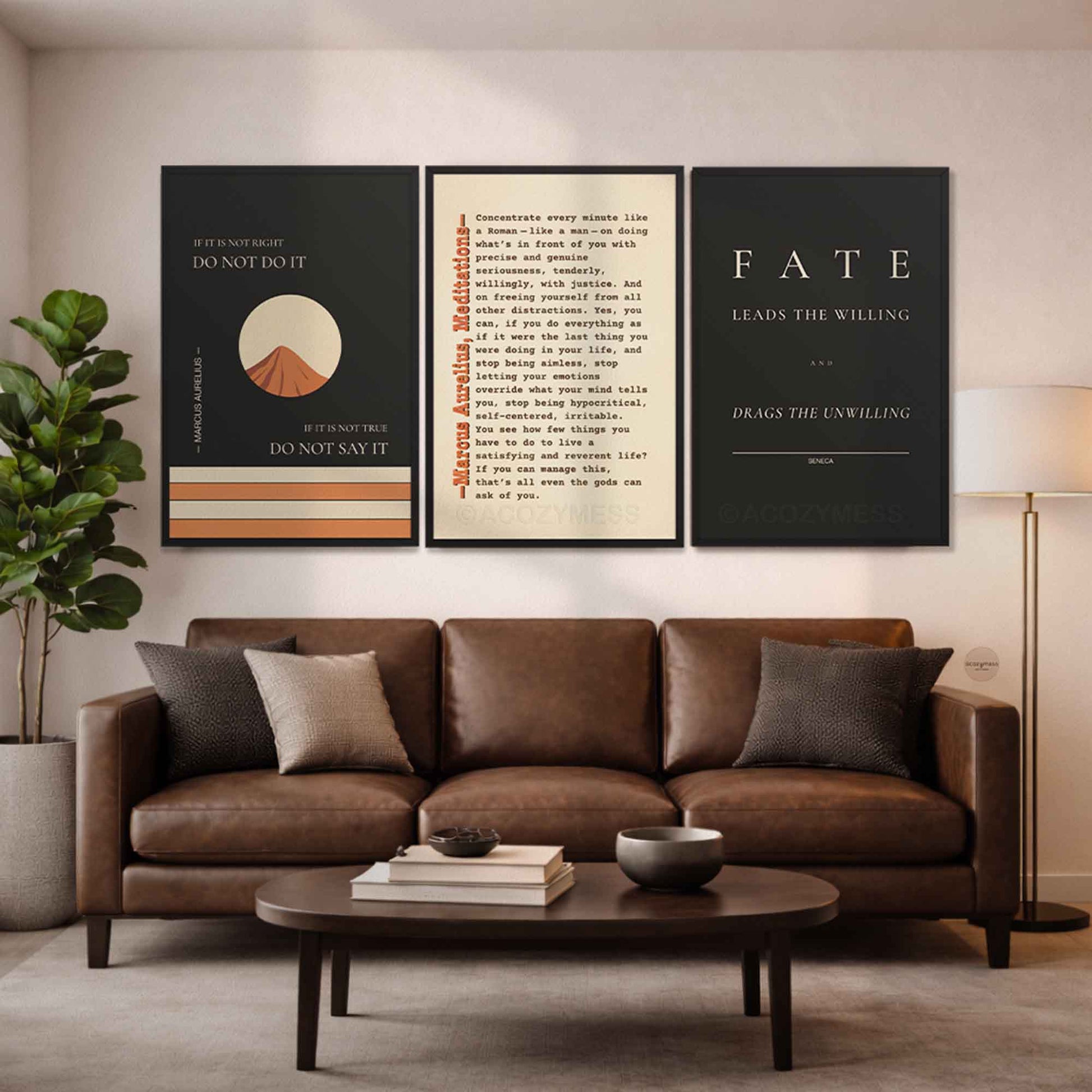 Living room with and wall art featuring stoic philosophy motivational quotes in black frame.