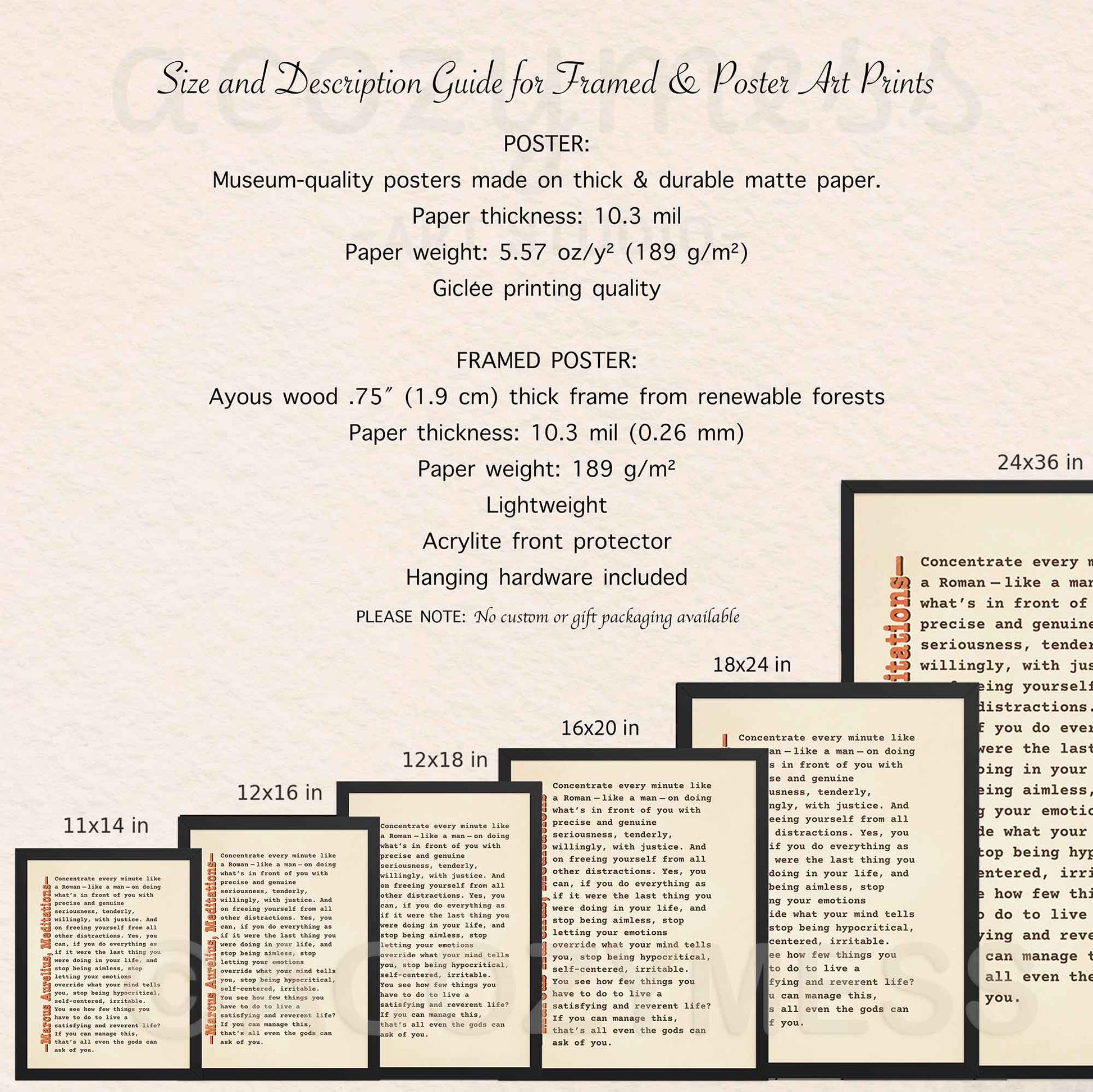 Size and description guide for framed and poster art prints on a beige background