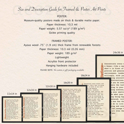 Size and description guide for framed and poster art prints on a beige background
