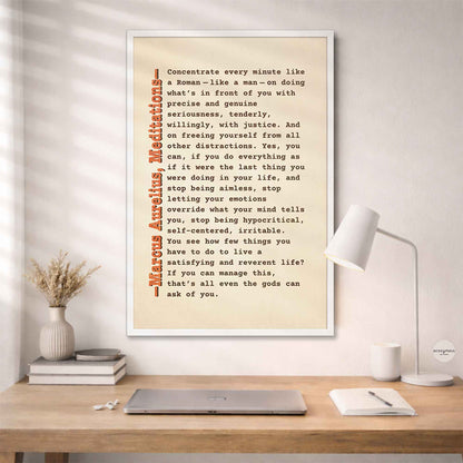 Marcus Aurelius Stoic quote wall art in white frame on beige background mounting on a wall above study desk.