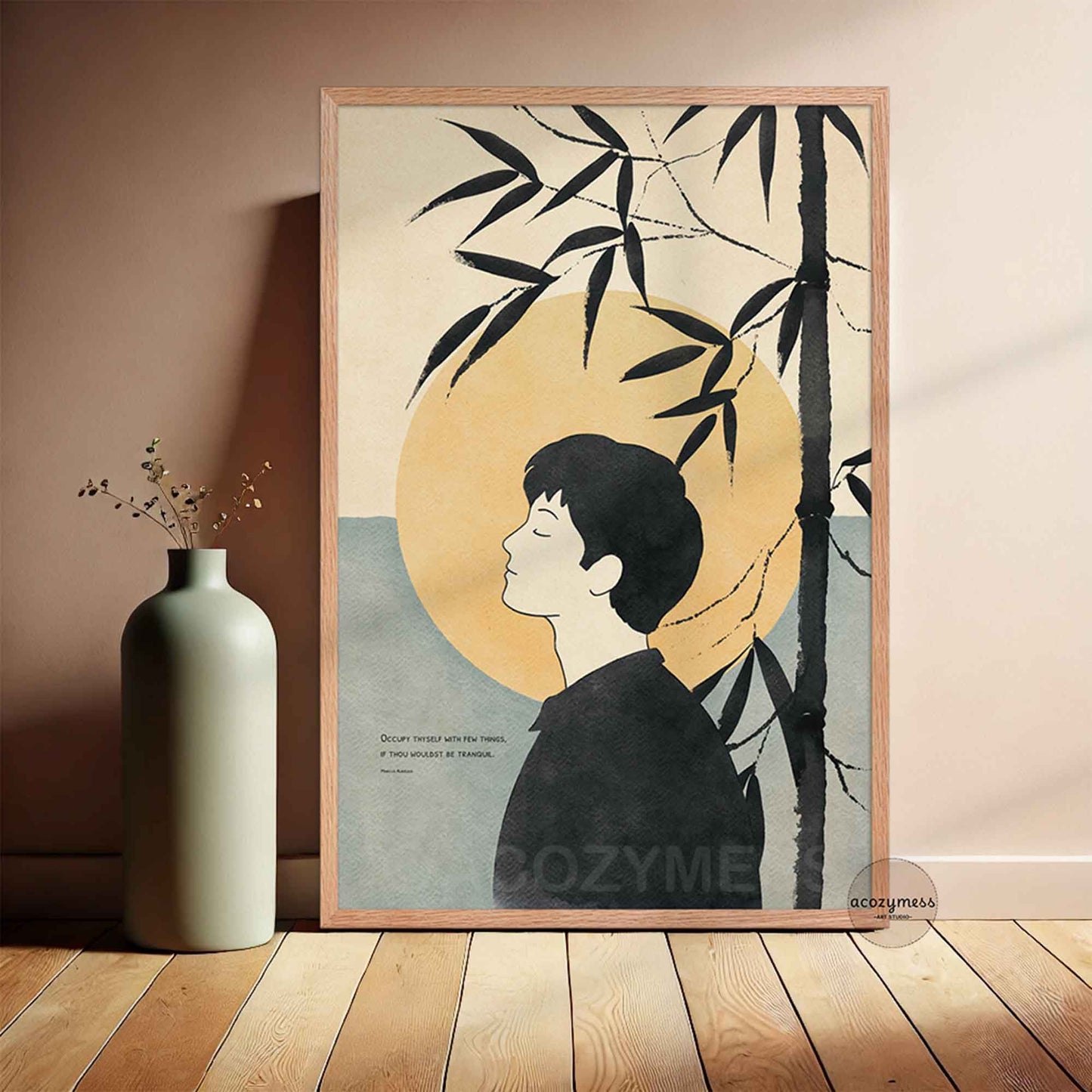 Marcus Aurelius Quote in Oakwood Framed with zen artwork of a man with bamboo and a sun on a beige wall.
