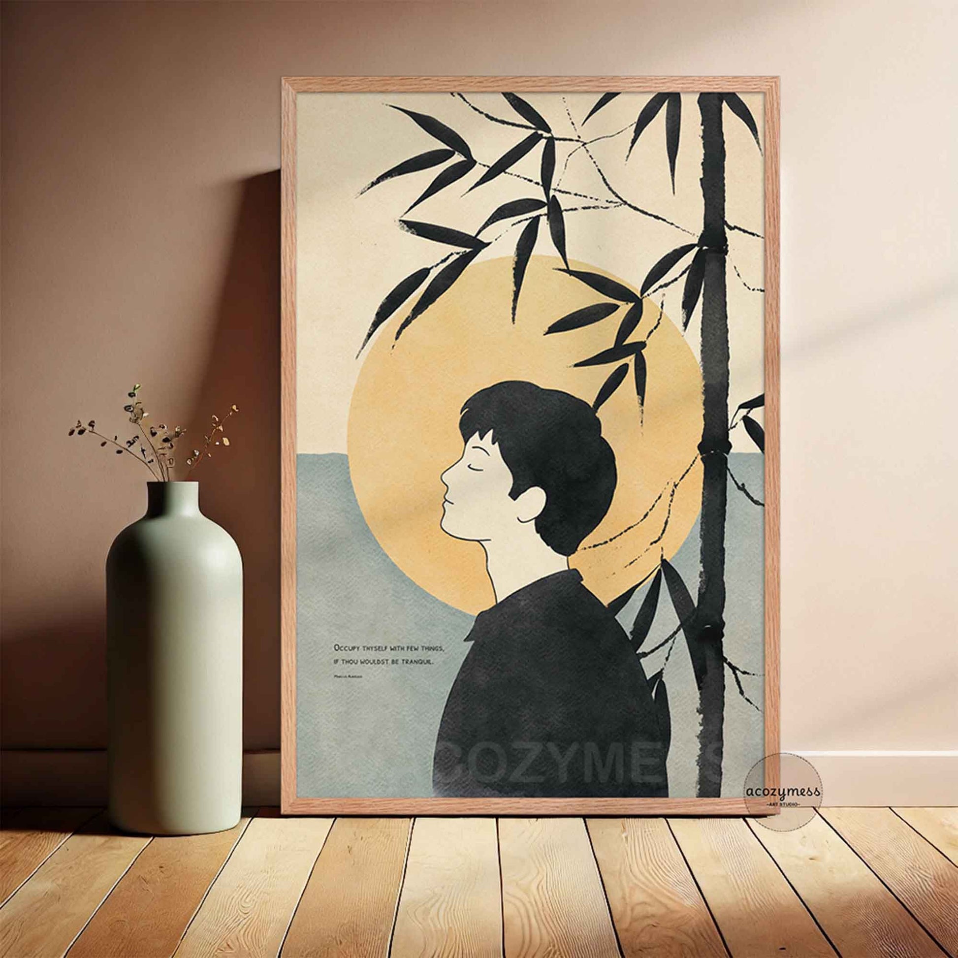 Marcus Aurelius Quote in Oakwood Framed with zen artwork of a man with bamboo and a sun on a beige wall.