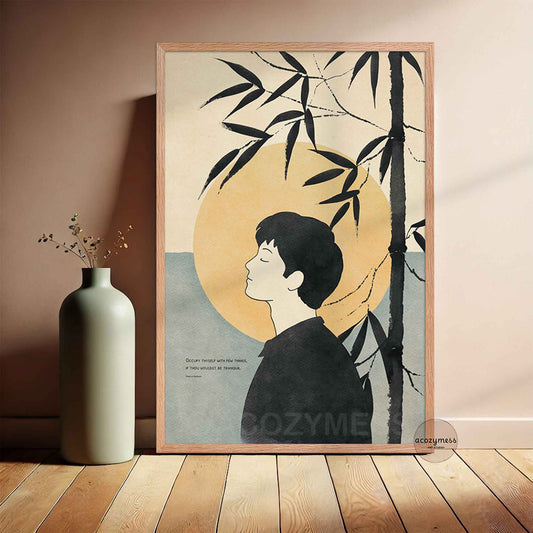 Marcus Aurelius Quote in Oakwood Framed with zen artwork of a man with bamboo and a sun on a beige wall.