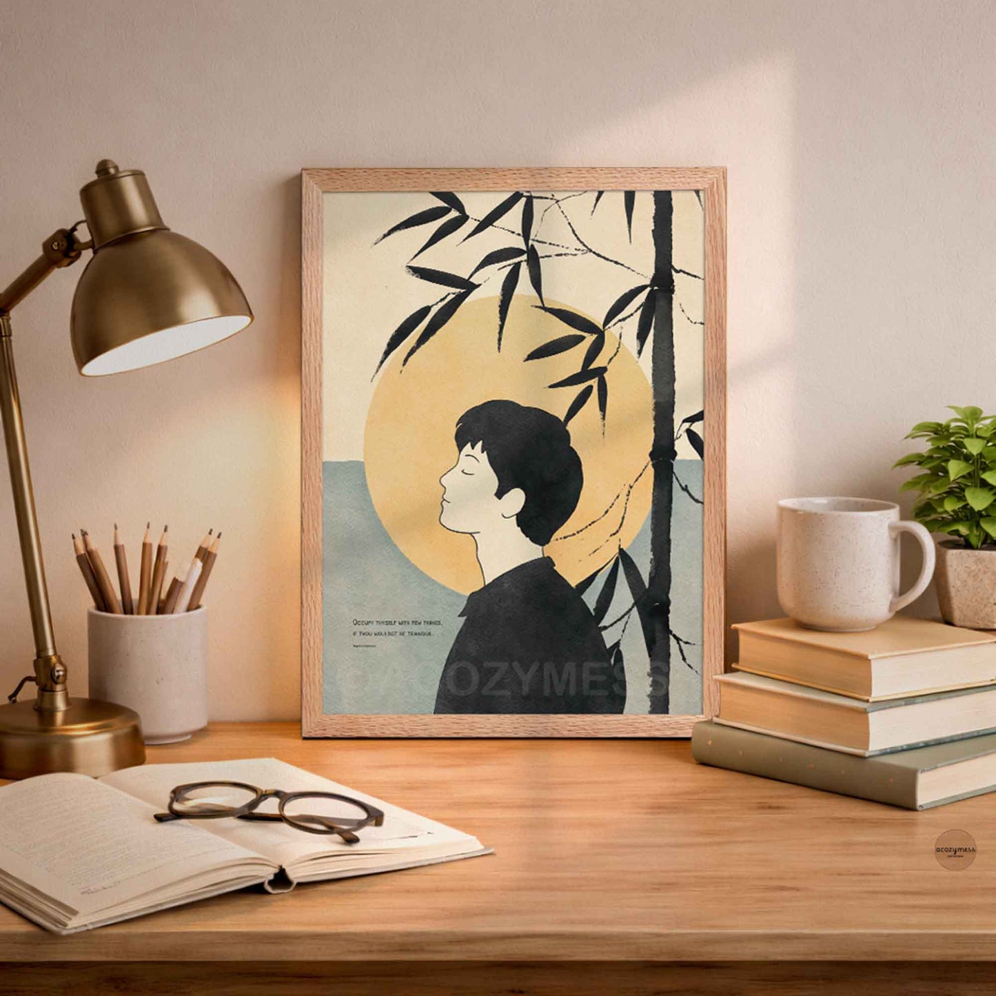Stoic wall art with Marcus Aurelius quote and calm illustration in oakwood frame.
