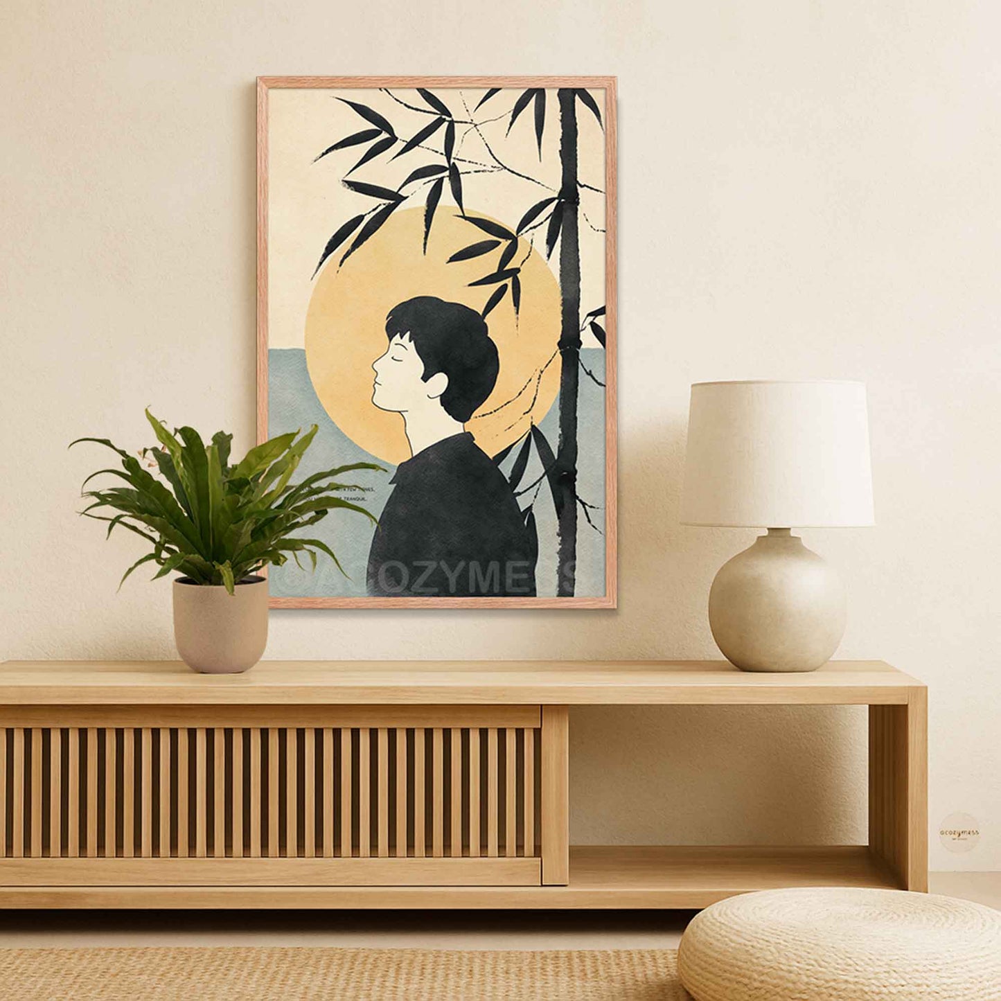 Stoic wall art with Marcus Aurelius quote and  peaceful illustration in oakwood frame.