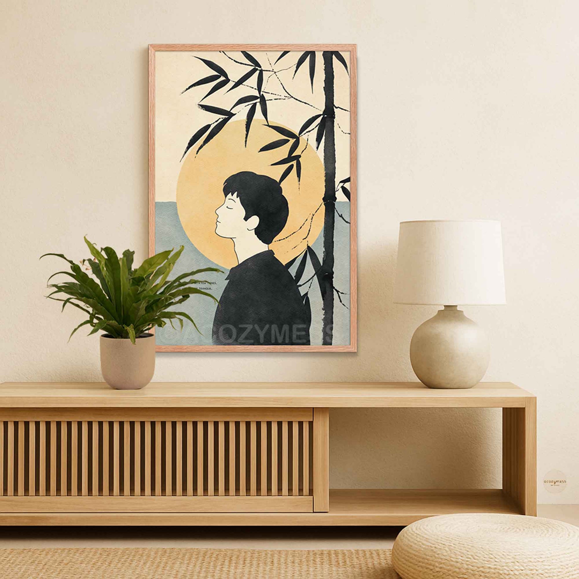Stoic wall art with Marcus Aurelius quote and  peaceful illustration in oakwood frame.