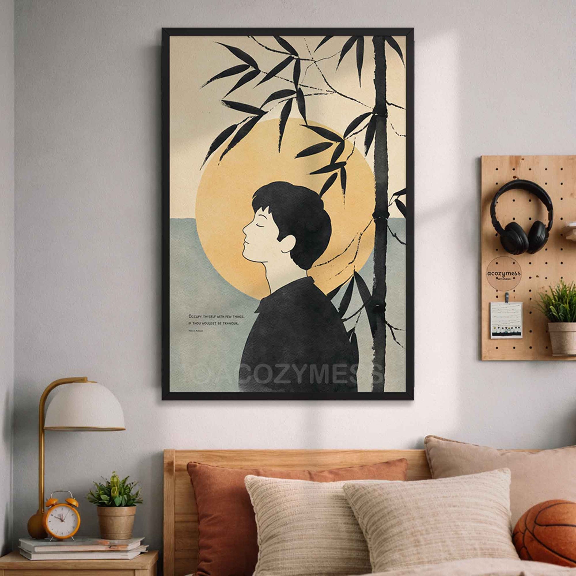 Marcus Aurelius quote with calming art in black frame.