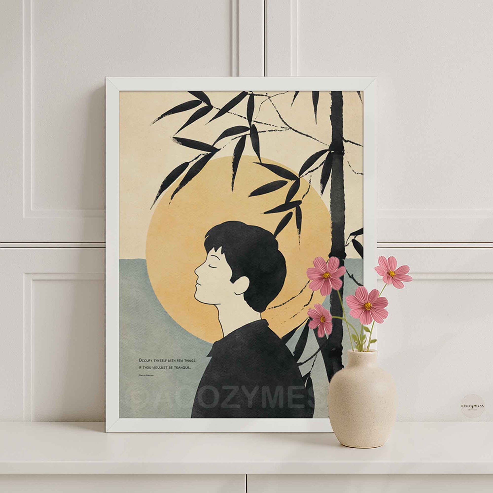 Stoic wall art with Marcus Aurelius quote and calm illustration in white frame.