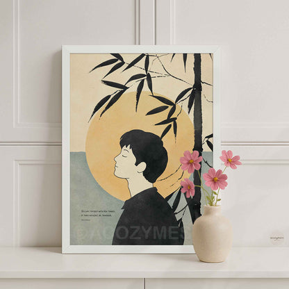 Stoic wall art with Marcus Aurelius quote and calm illustration in white frame.