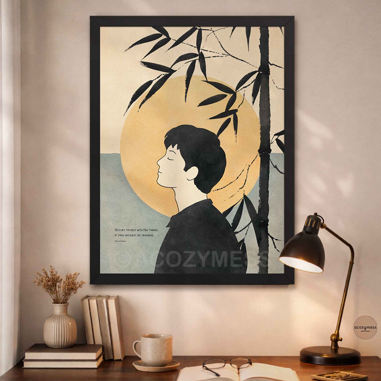Stoic wall art with Marcus Aurelius quote and peaceful zen  illustration in black frame.