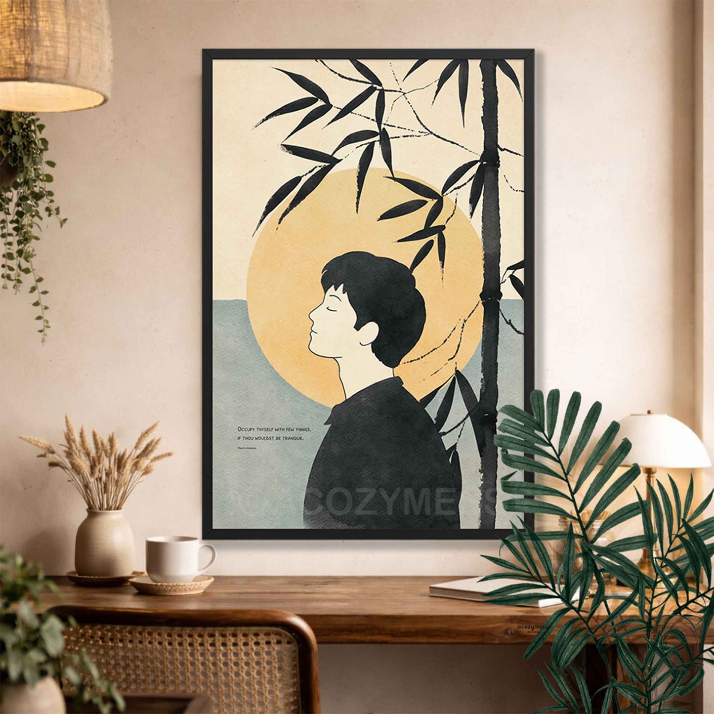Black Framed artwork of a stylized portrait with bamboo leaves on a wall with Marcus Aurelius Quote.