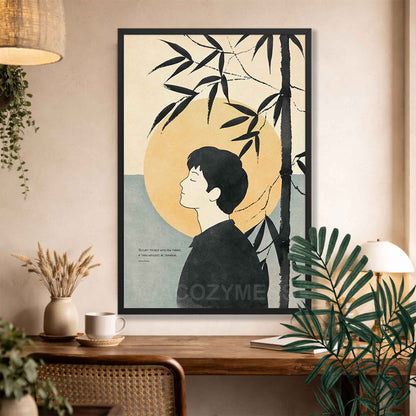 Black Framed artwork of a stylized portrait with bamboo leaves on a wall with Marcus Aurelius Quote.