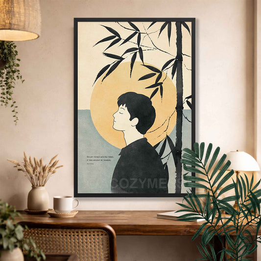 Black Framed artwork of a stylized portrait with bamboo leaves on a wall with Marcus Aurelius Quote.