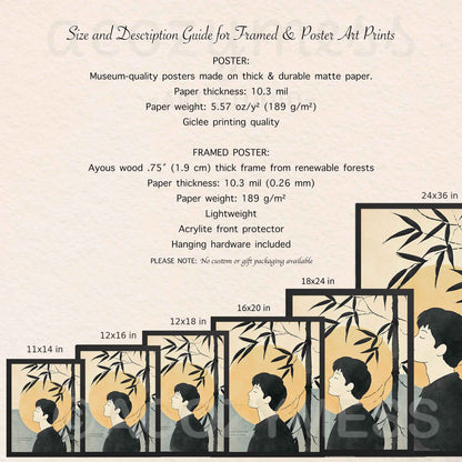 Size and description guide for framed and poster art prints with illustrations of a man and bamboo.