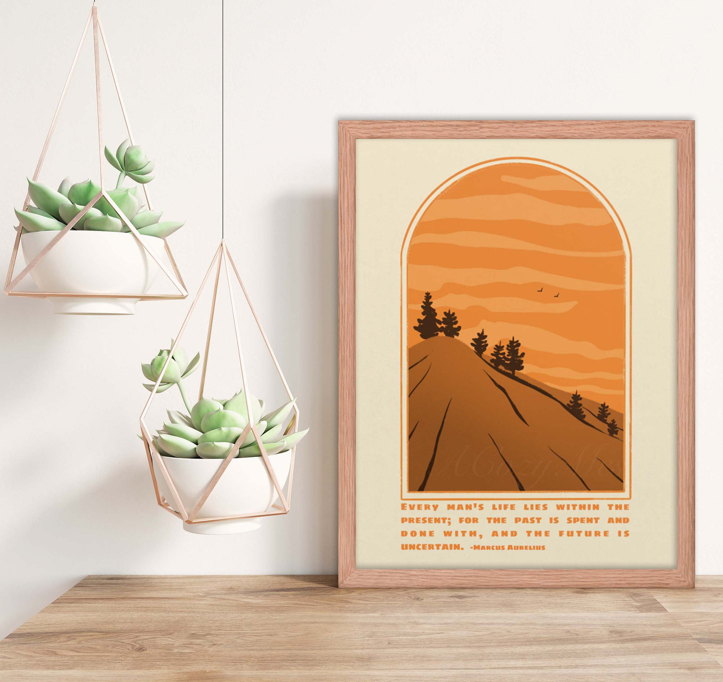 A tranquil landscape art poster framed in oak, featuring a road and trees set against an orange sky. It's accentuated with a Marcus Aurelius quote on living in the present, designed to inspire mindfulness and serenity in any space.