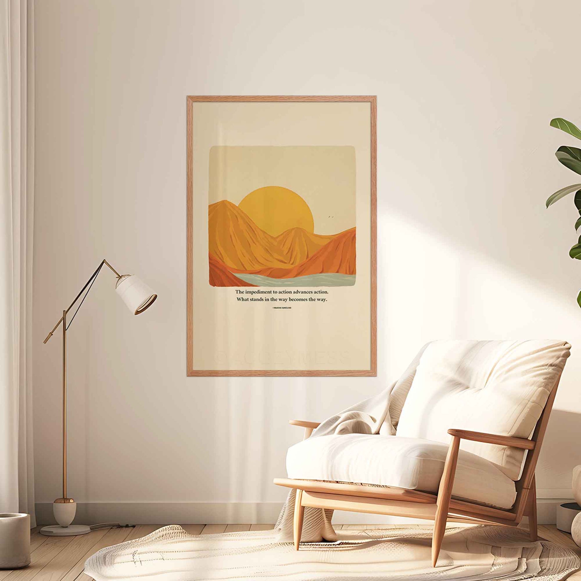 A motivational poster in oakwood frame featuring Marcus Aurelius' quote, The impediment to action advances action. What stands in the way becomes the way, alongside a warm-toned nature illustration of a sun rising behind mountains with a flowing river. 