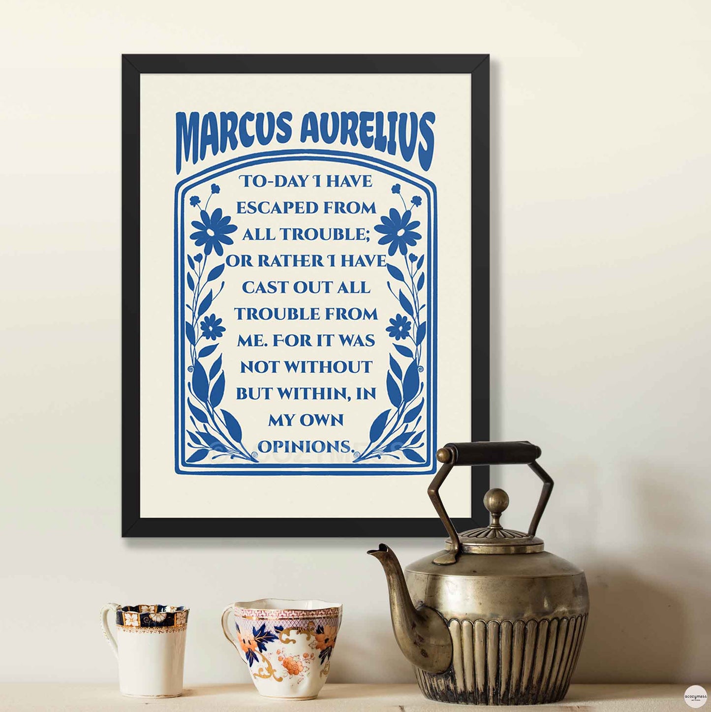 Marcus Aurelius Poster dark blue on cream with floral design, in black frame stoic wall art.