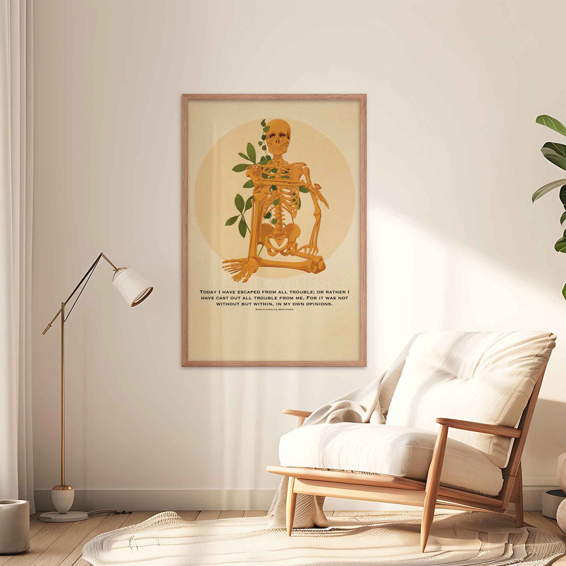 Sitting skeleton artwork paired with Marcus Aurelius' quote, Today I have escaped from all trouble, from Meditations, blending Stoic philosophy and bold art, in oakwood frame.