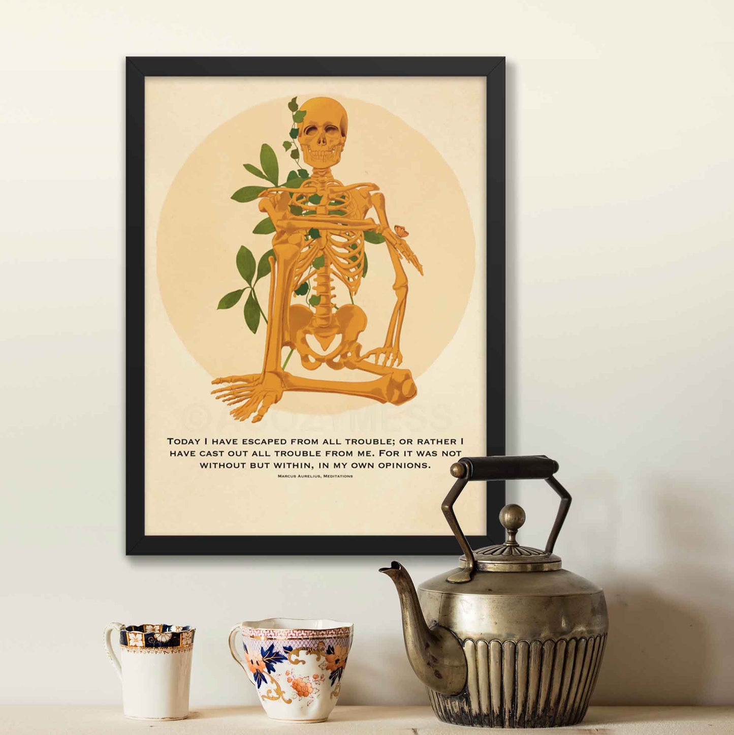 Sitting skeleton poster with Marcus Aurelius' quote, Today I have escaped from all trouble, from Meditations, blending Stoic philosophy and bold art, in black frame.