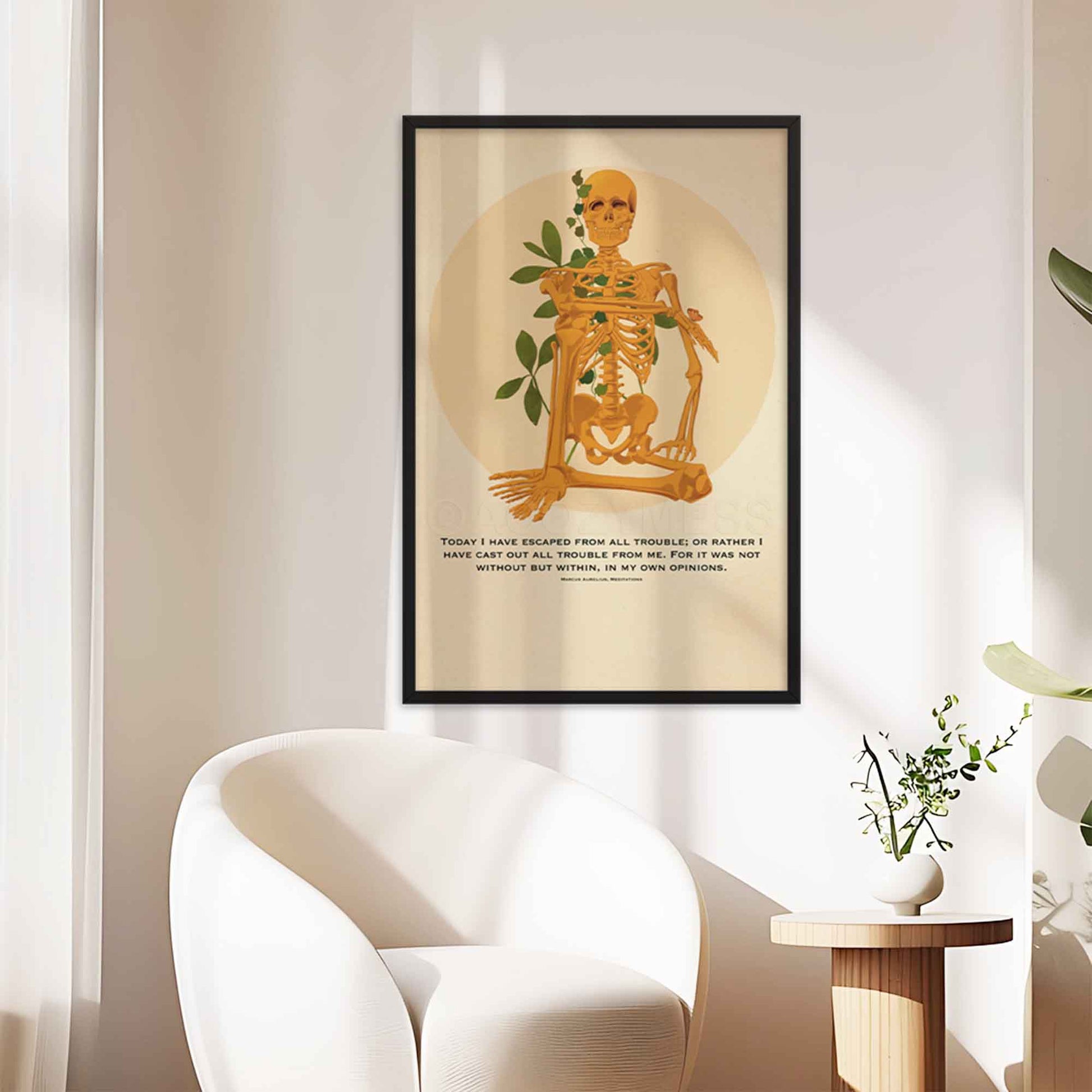 Sitting skeleton illustration paired with Marcus Aurelius' quote, Today I have escaped from all trouble, from Meditations, blending Stoic philosophy and bold art, in black frame.