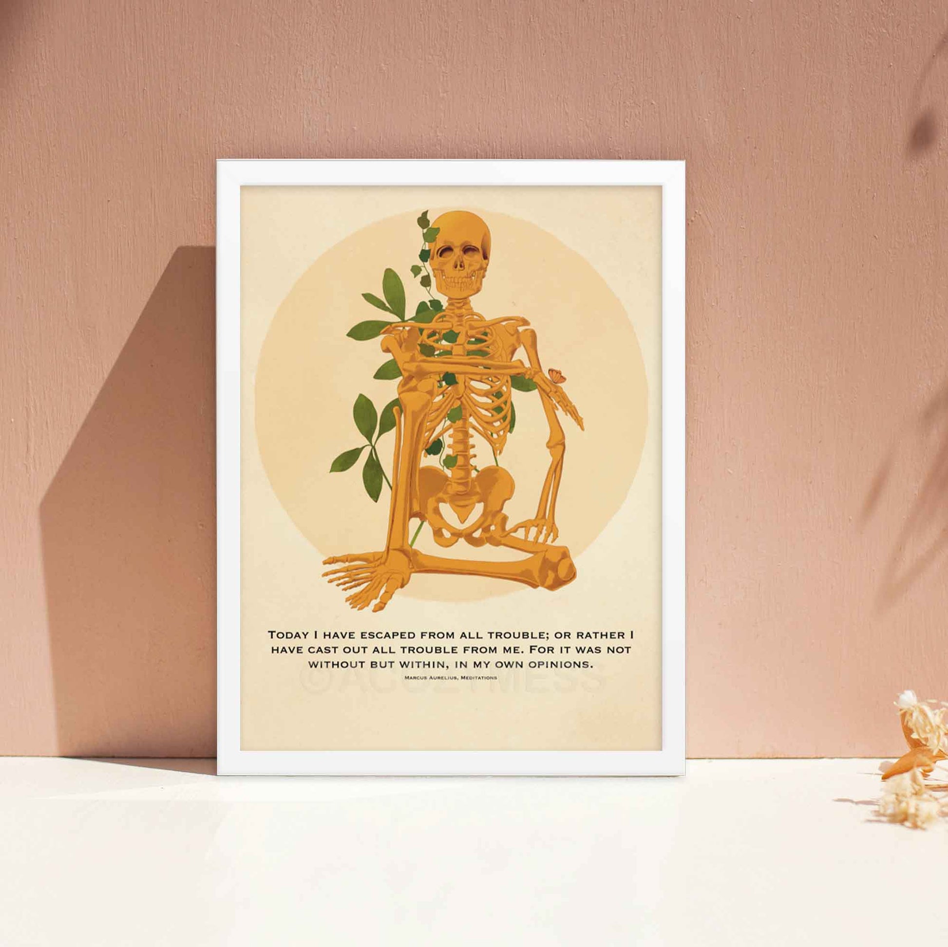 Sitting skeleton illustration paired with Marcus Aurelius' quote, Today I have escaped from all trouble, from Meditations, blending Stoic philosophy and bold art, in white frame.