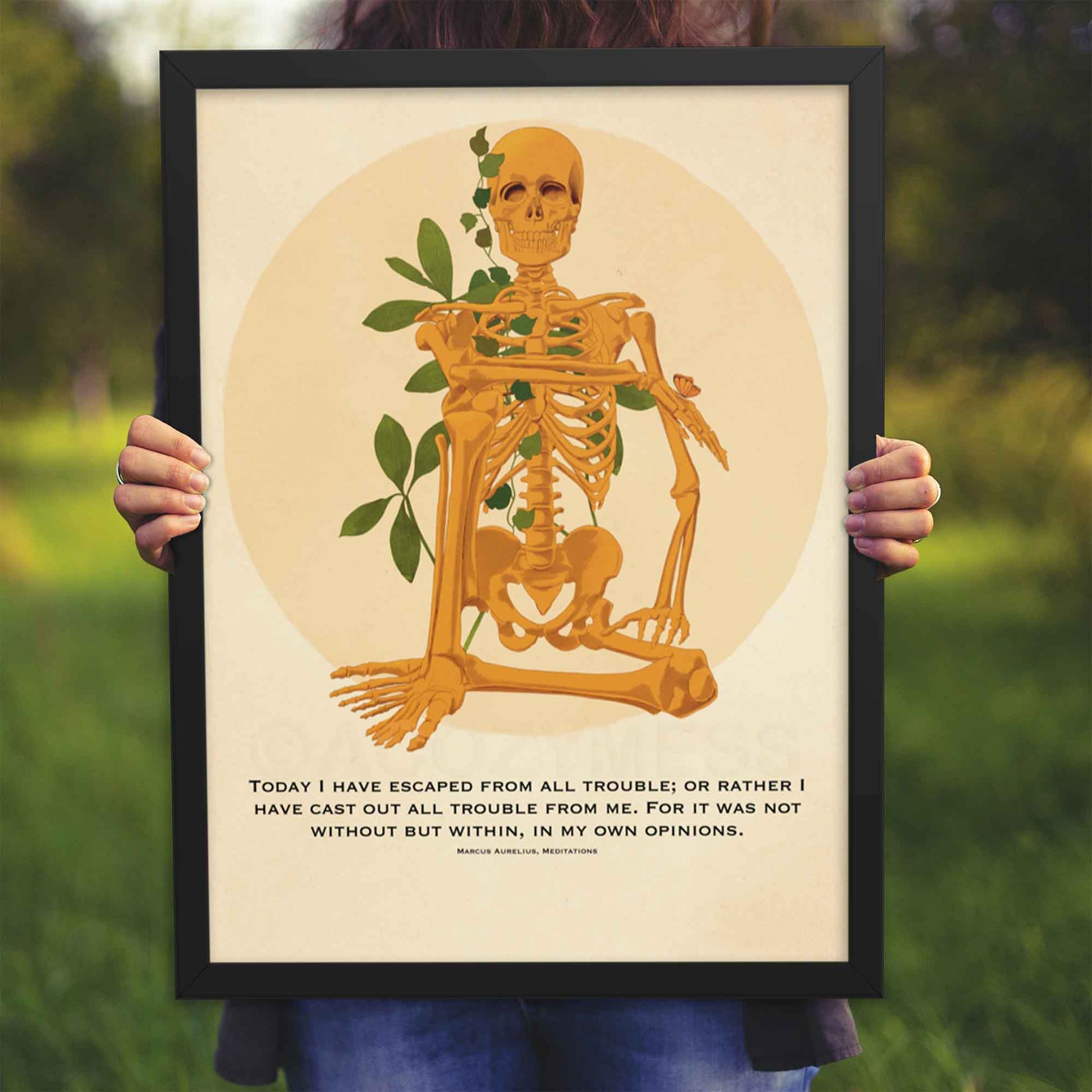 Sitting skeleton art poster paired with Marcus Aurelius' quote, Today I have escaped from all trouble, from Meditations, blending Stoic philosophy and bold art, in framed in black.