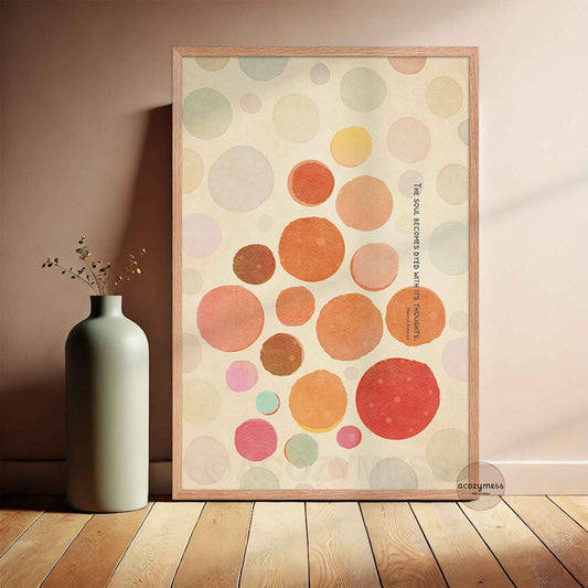 Oakwood Framed abstract art print with colorful circles on a wall with Marcus Aurelius Quote.