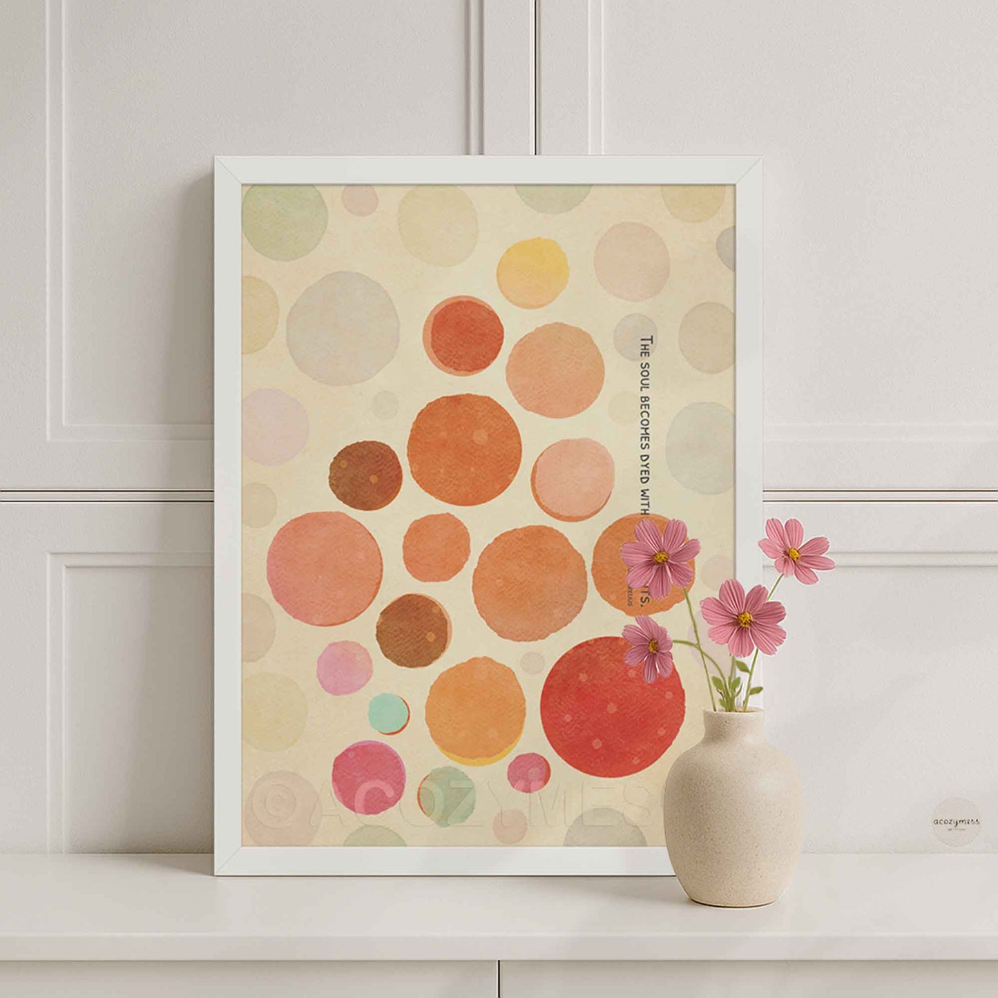 White Framed abstract stoic art print with colorful circles on a beige background.
