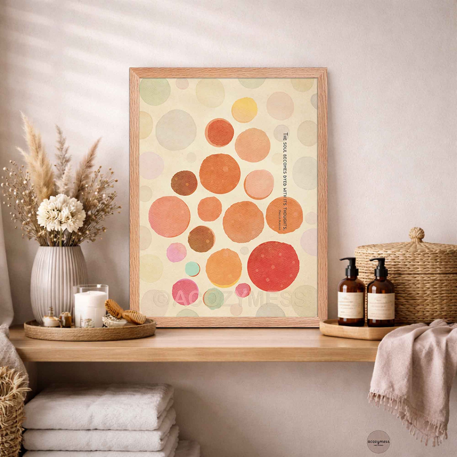 Oakwood Framed stoic wall art with  abstract art piece on a wooden shelf with decorative items.
