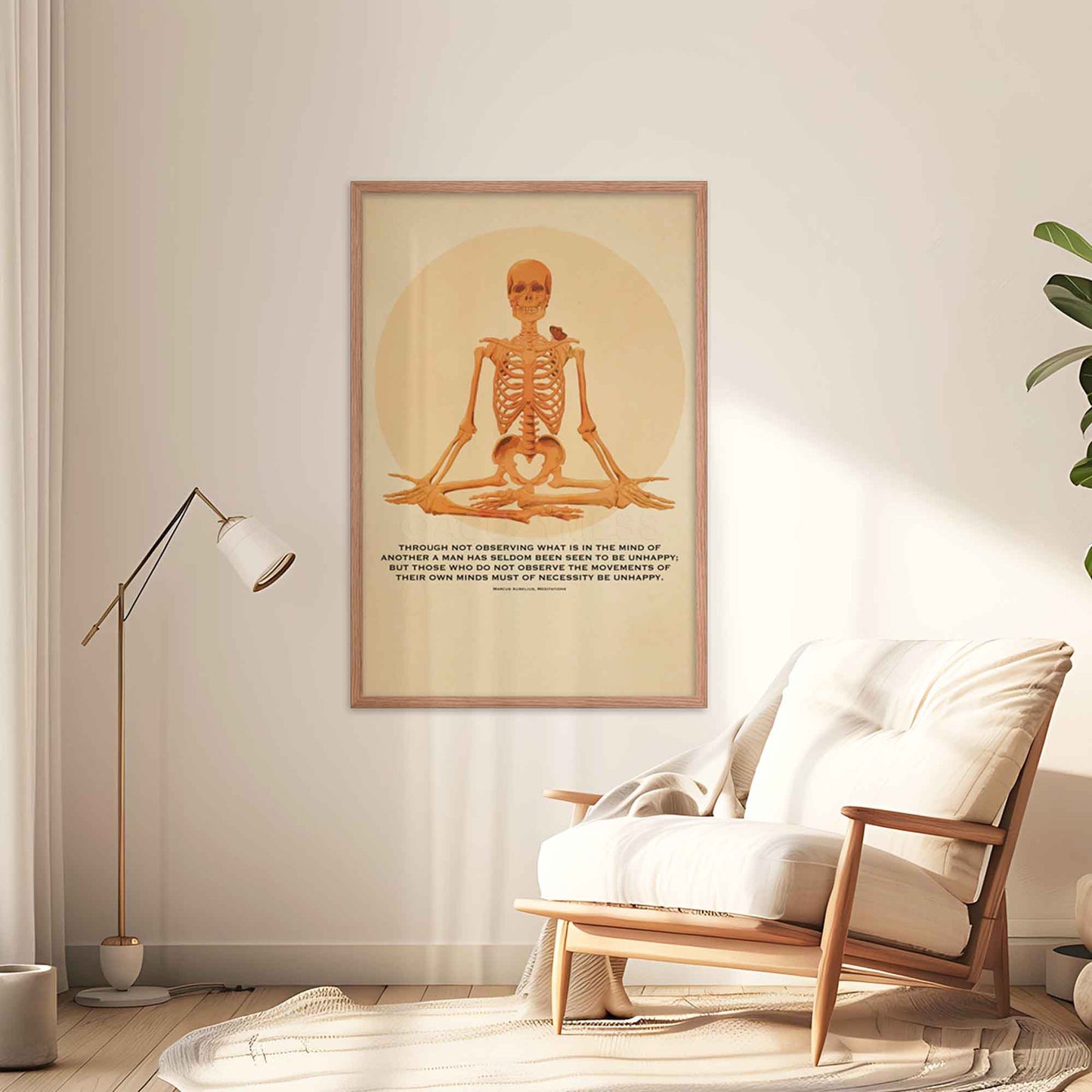 Stoic Poster featuring a meditative skeleton illustration and the Marcus Aurelius quote, Seldom are any found unhappy, blending Stoic philosophy with bold thought provoking art,  in oakwood frame.