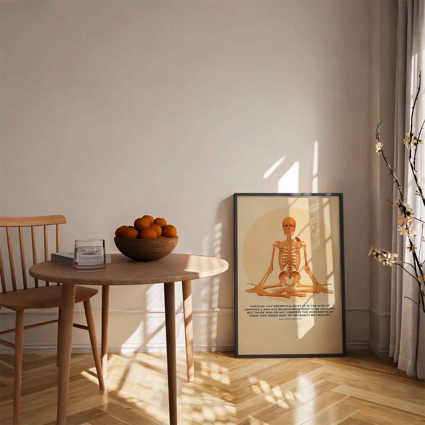 Poster featuring a meditative skeleton illustration in yellow orange hues on beige background and the Marcus Aurelius quote, Seldom are any found unhappy, blending Stoic philosophy with bold thought provoking art,  in black frame.