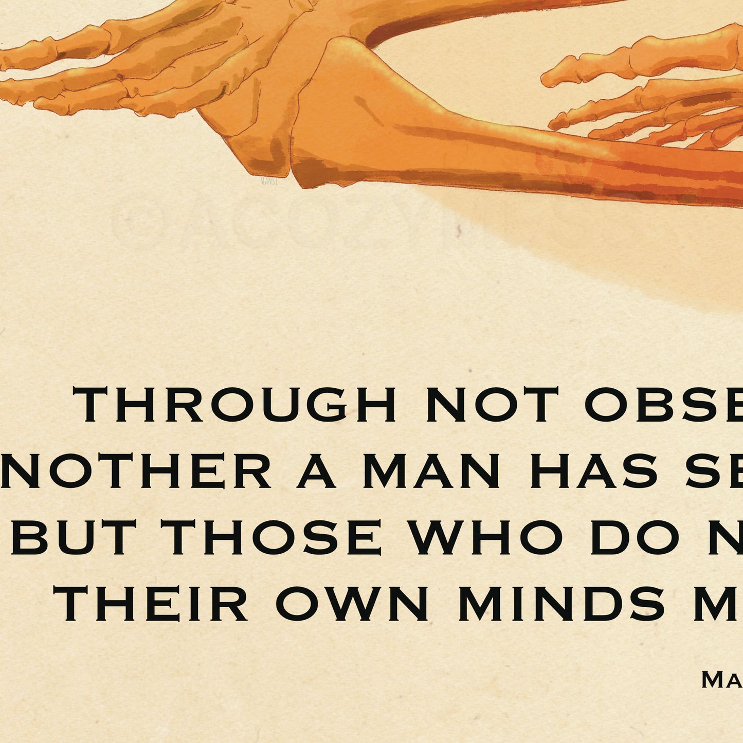 Stoic wall art with meditating skeleton illustration with Marcus Aurelius Quote on observing ones own mind.