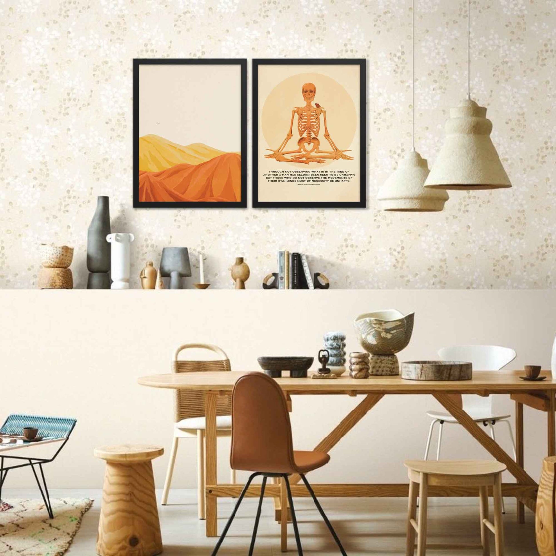 Poster featuring a meditative skeleton illustration and the Marcus Aurelius quote, Seldom are any found unhappy, blending Stoic philosophy with bold thought provoking art,  in black frame on a gallery wall